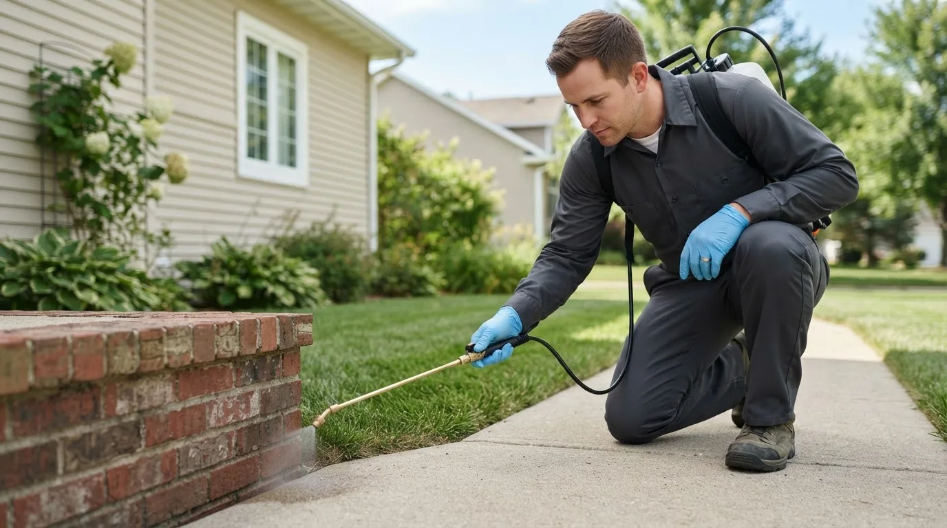 Pest control technician treating a home near Elmore, AL